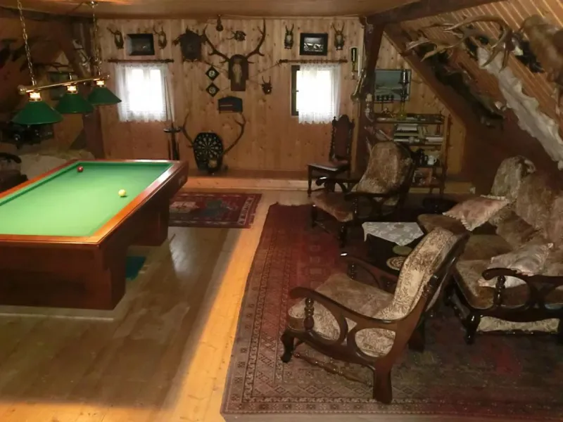 Podkrovní herna s kulečníkem a lovecká výzdoba