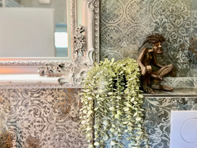 Detail koupelny s ozdobným zrcadlem a visící rostlinou