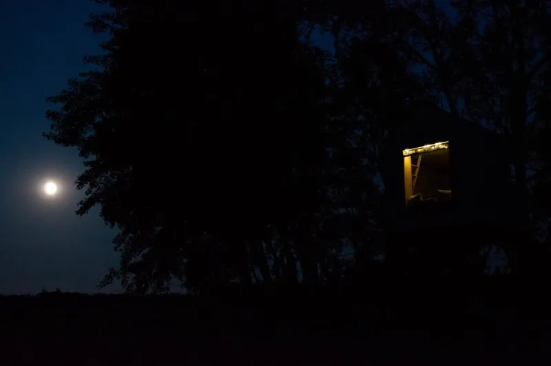 Osvětlená stromová chata pod úplňkem