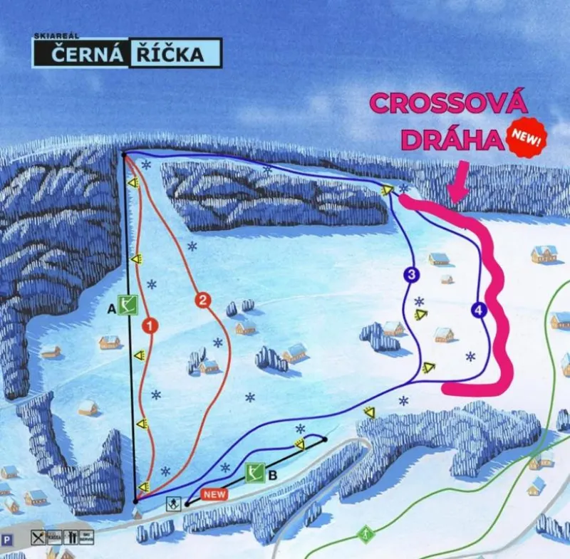 Mapa skiareálu Černá říčka s novou crossovou dráhou