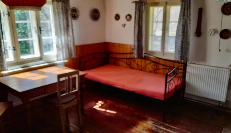 Pokoj s jednolůžkem, stolem a dřevěnou podlahou