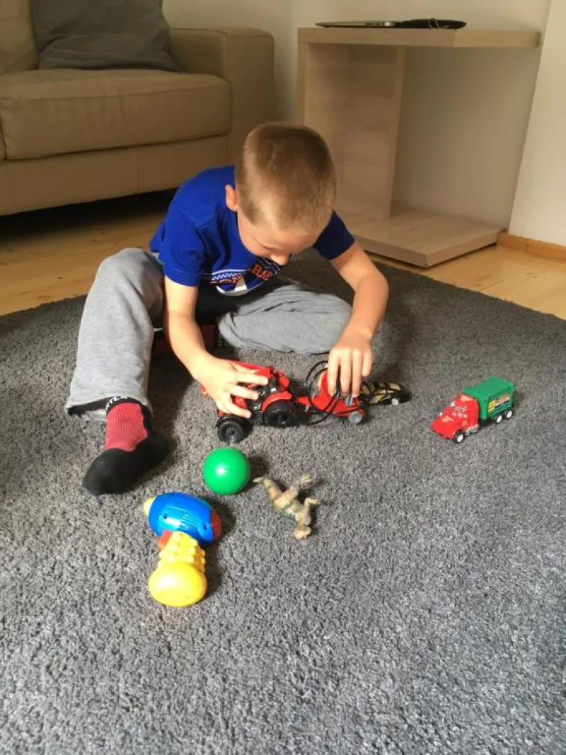 Dítě si hraje s autíčky na koberci v obýváku